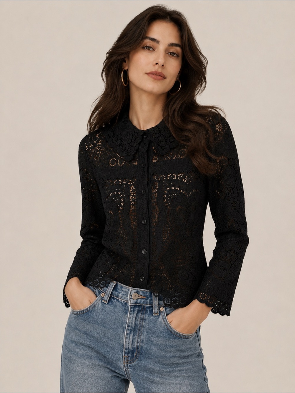 Joie Black Lace Button Front Blouse Peter Pan Collar Sheer Crochet Lace Top